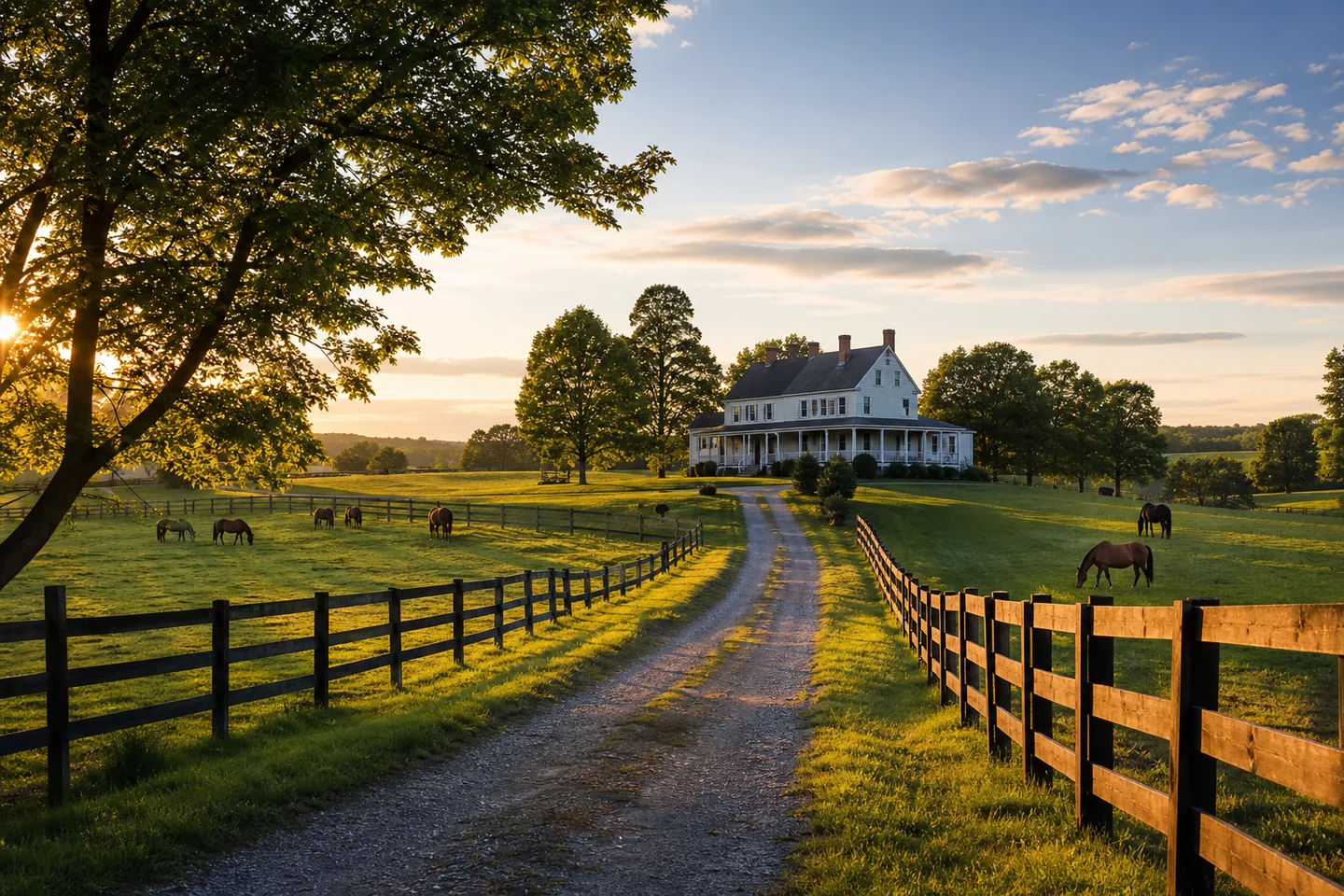 Gravel farm lane leading to a white farmhouse with horses grazing behind board fences at golden hour