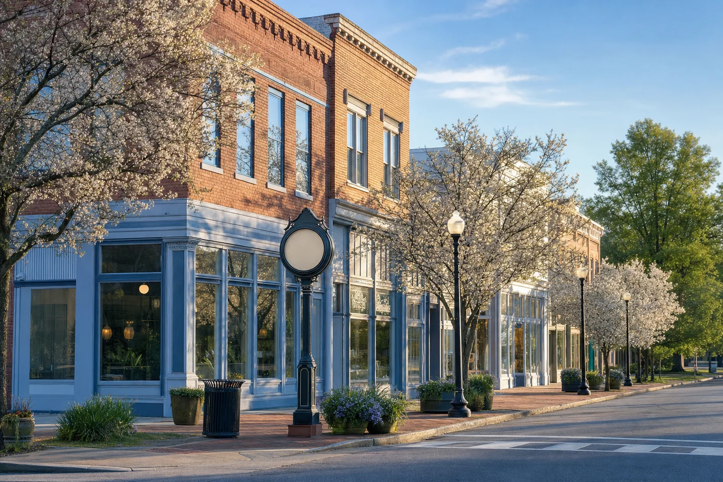Historic brick storefronts and a street clock on a downtown corner lined with spring blossoms