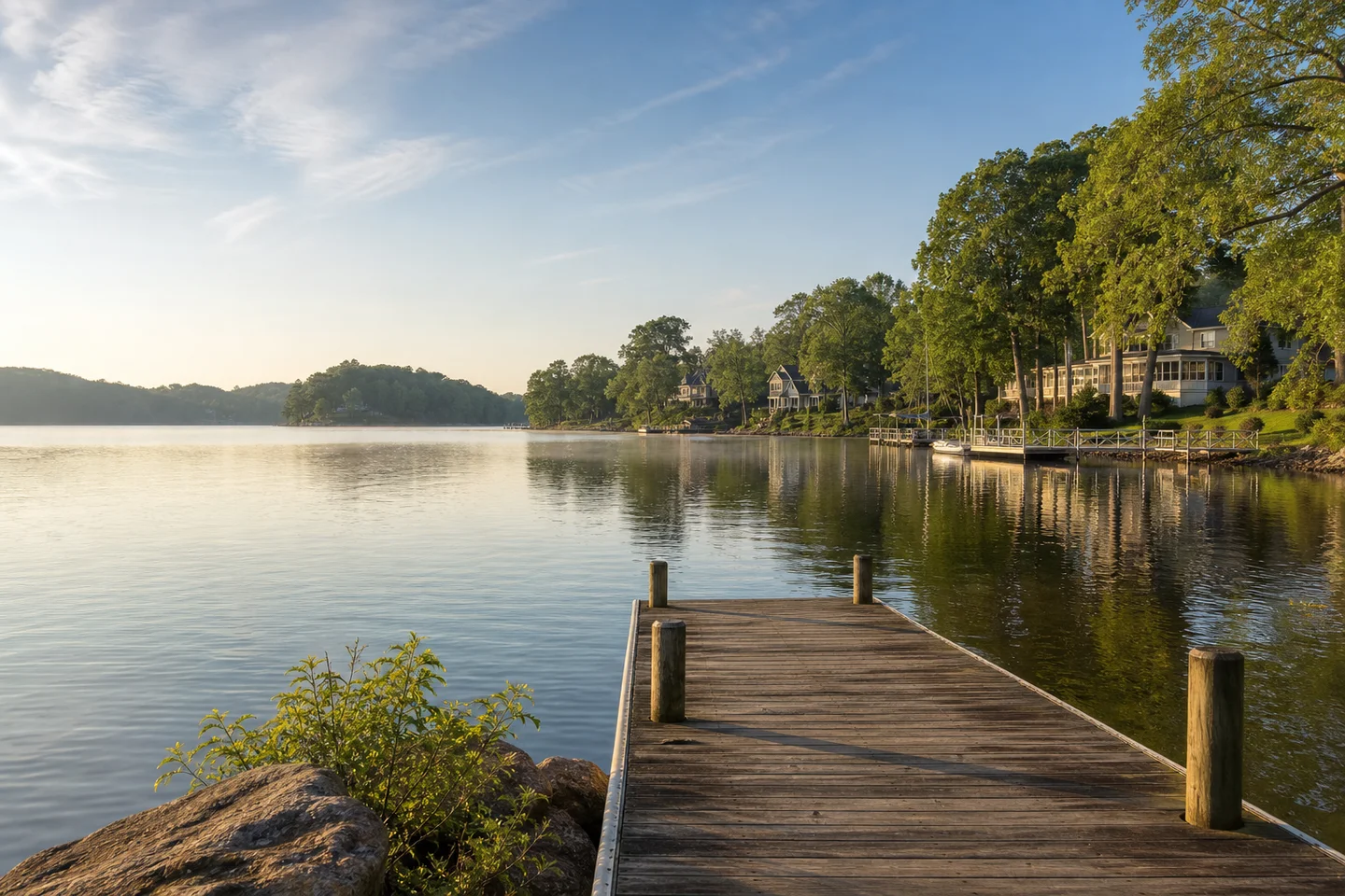 Wooden dock reaching over a calm lake at sunrise with waterfront homes along the tree-lined shore