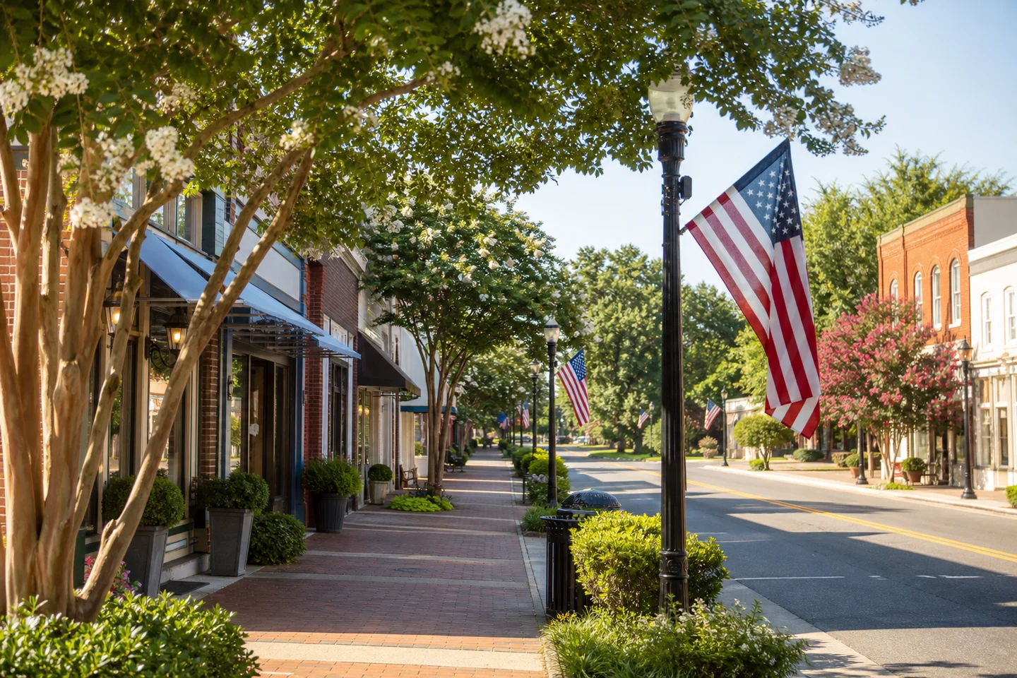 Small-town main street with brick sidewalks, blooming trees, and American flags on lampposts