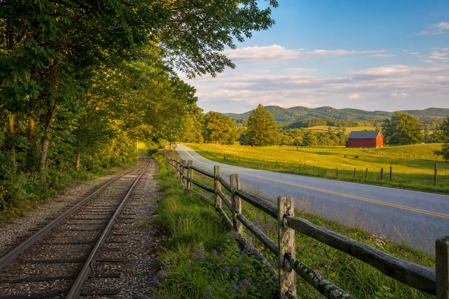 Railroad track running beside a split-rail fence and a country road with a red barn in the distance